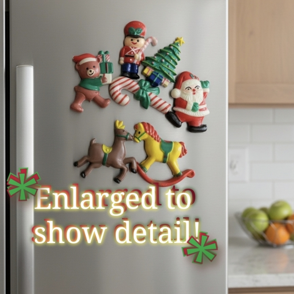 Vtg 80s red green Christmas characters seven pc mini magnet set holiday bundle